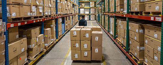 Image of man pulling dolly through warehouse